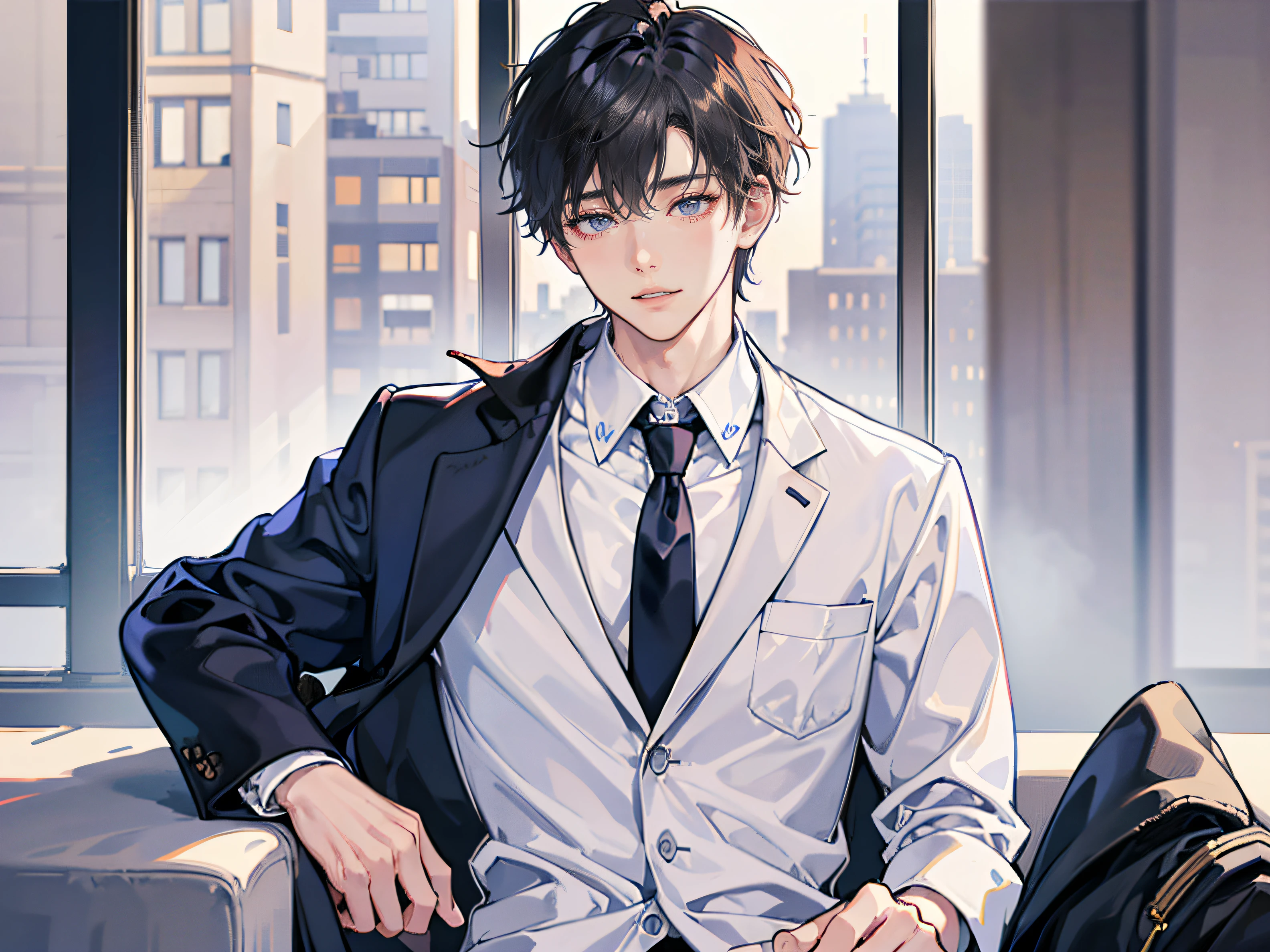 1boy, Face Focus, Adults, Business suits, jaket, white  shirt, neck tie, underpants, top-quality, adopt, A detailed face, s Office, Building from the window, Detailed background, natta, depth of fields, bokeh dof,Menhera
