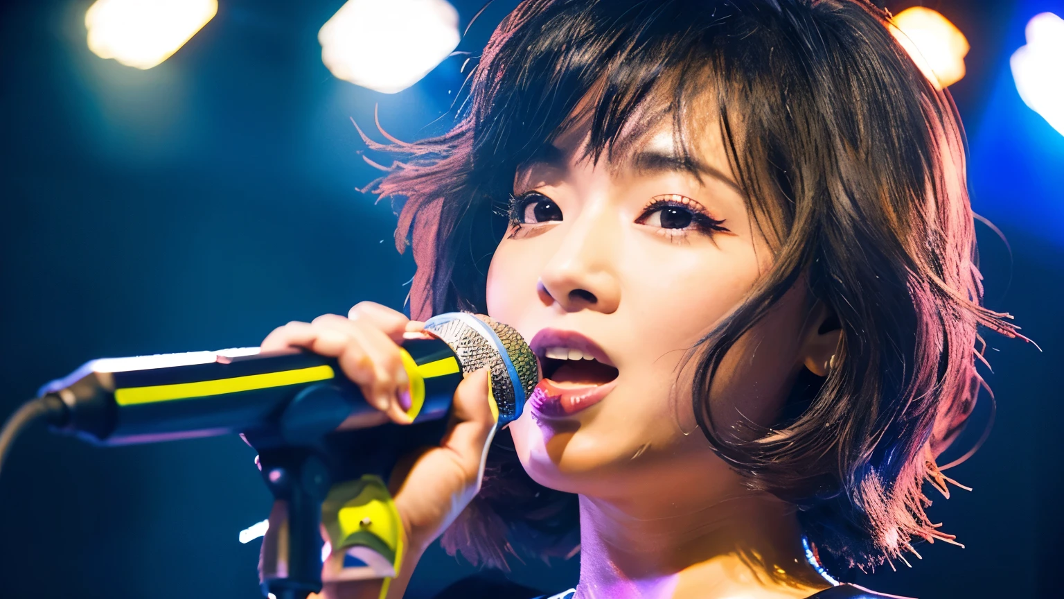 apanese female pop singer around 1980's, powerful image, detailed, 30-year-old, japanese beautiful, woman, singing with a microphone, at concert, proud, hopeful, medium hair, bob cut, shiny hair, curly hair, black hair, brown eyes, wheatish skin, stocky, wiry, looking at viewer, serious look, ultra realistic photo, headshot