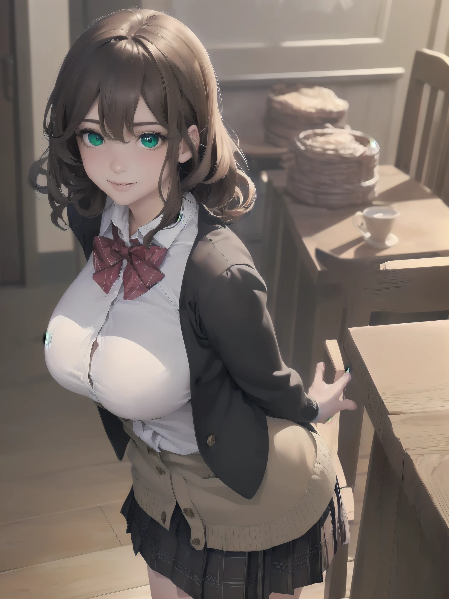 ((Tabletop, highest quality, High resolution, Perfect Pixel, Depth of written boundary, 4K))), One Girl, single, alone, Beautiful Anime Girls, Beautiful art style, Anime characters, ((Long Hair, bangs, Dark brown hair, Curly Hair:0.8)), ((Green Eyes:1.4, Fine grain, Beautiful Eyes, Perfect Eyes,Curled eyelashes, Realistic eyes)), ((Detailed face, Blushing:1.2)), ((Smooth texture:0.75, Realistic texture:0.5, Anime CG Style)), Huge breasts filled with a lot of fat, Dynamic Angle, Big Breasts, Perfect body, Dynamic pose, ((Red bow tie, , Black jacket, Open jacket, Brown cardigan, White shirt, Black Skirt, Checked skirt)), smile, Open your mouth, Put your arms behind your back, Leaning forward, Amalment Park
