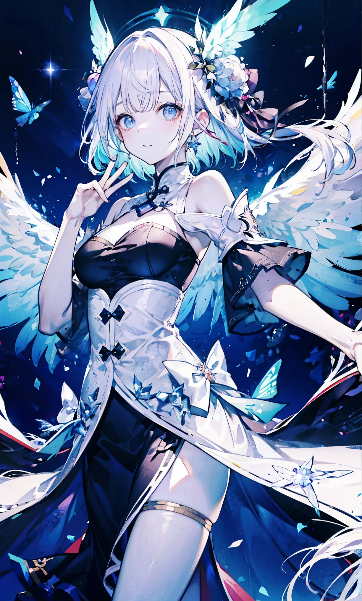 The angel is depicted with a pale and glowing cot has heterochromatic eyes.、Its skin seems to radiate an otherworldly glow。he、Symbol of divinity、Decorated with a pair of shining Fair wings。This scene is so wonderful.、它捕捉了這些天體的美麗和mystery。Angelic、pale、glow、color、shine、A rare treasure、Brilliance、shine、Fair、wingspan、sanctity、Fair、charming、beauty、mystery。