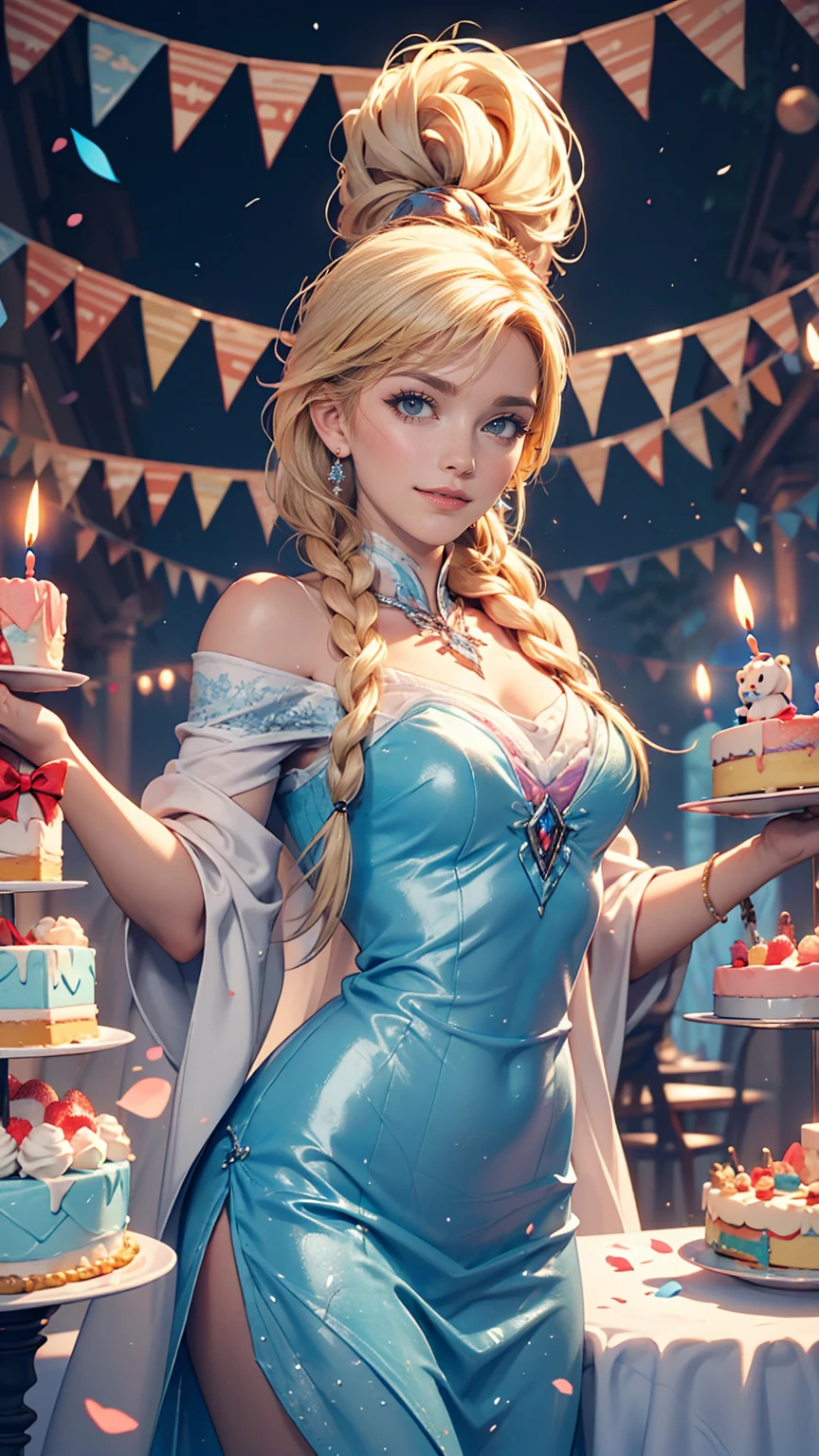 4〜6 people々A fun birthday party scene with lots of people, cake, Candles and Disney「Frozen」Anna is standing in the background, Celebration style, Detailed depiction of the characters' facial structures, Bright colors overall, candles on the cake, Charles M. Schultz