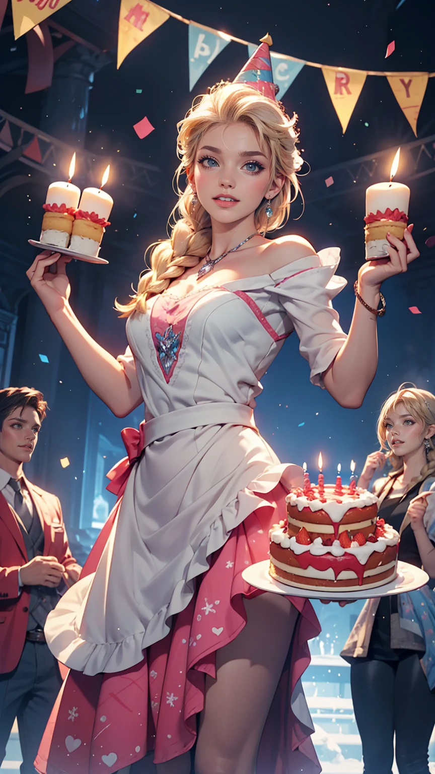 4〜6 people々A fun birthday party scene with lots of people, cake, Candles and Disney「Frozen」Anna is standing in the background, Celebration style, Detailed depiction of the characters&#39; facial structures, Bright colors overall, candles on the cake, Charles M. Schultz 