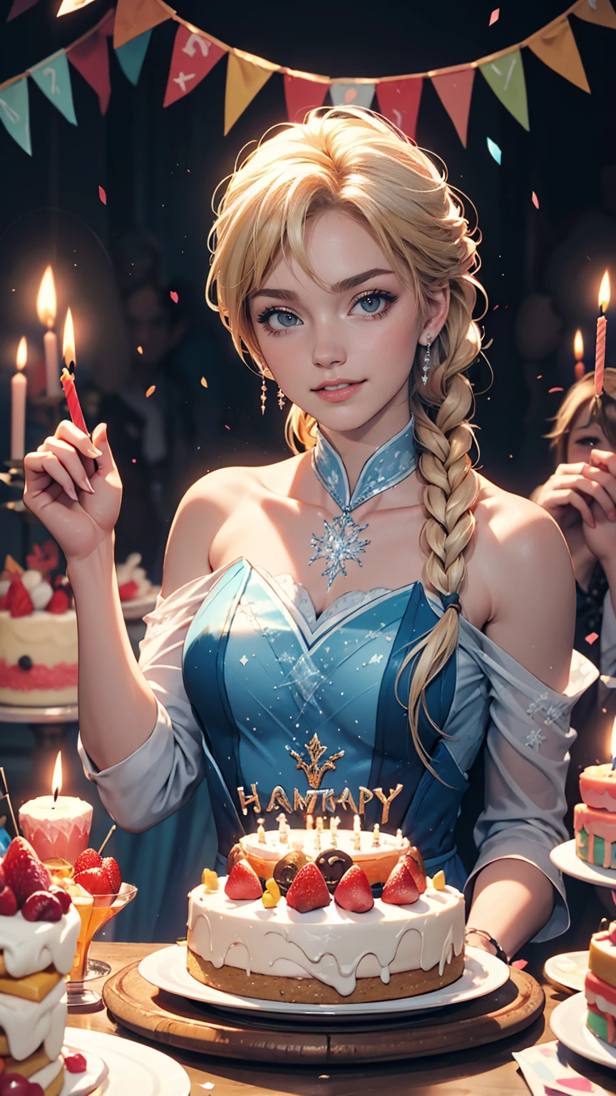 4〜6 people々A fun birthday party scene with lots of people, cake, Candles and Disney「Frozen」Anna is standing in the background, Celebration style, Detailed depiction of the characters' facial structures, Bright colors overall, candles on the cake, Charles M. Schultz