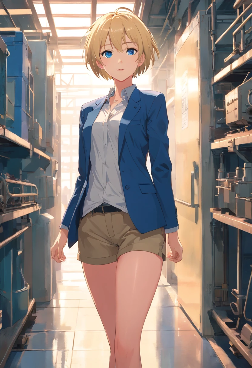 17 years old Women, ((Blonde)), ((Blue eyes)), ((Short hair)), ((Full shot)), very detailed makeup, pale pink lipstick, long earrings, bare shoulders, She is dressed in a tailored suit, black jacket, blue shorts and white blouse, no tie, high heels, in the hallway of a steel factory. She is standing still with her arms crossed and one leg stretched out to the side.