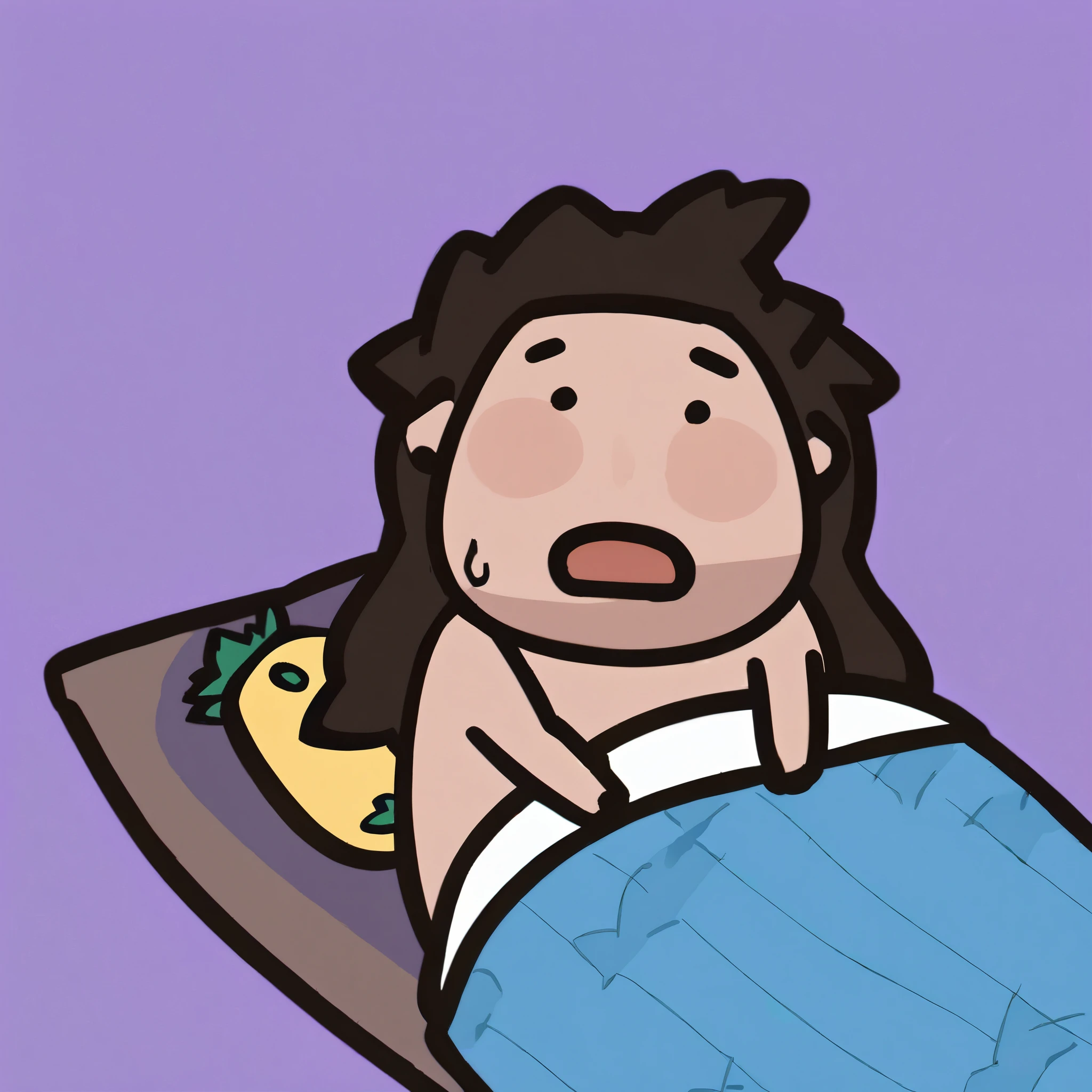 4k,(masterpiece),(best quality),1boy,simple background, solo, purple background, pillow, shadow, black hair, blanket, lying, under covers, on back, long hair,pineapple quilt,\(qline\)