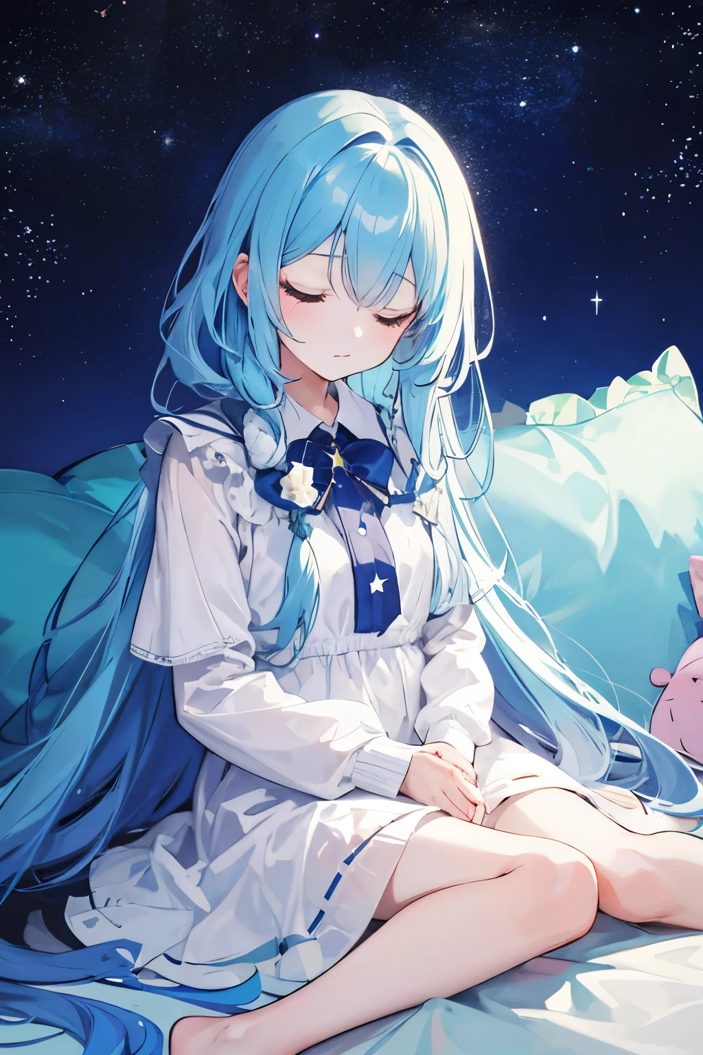 A girl with long blue hair who likes sleeping and stars.