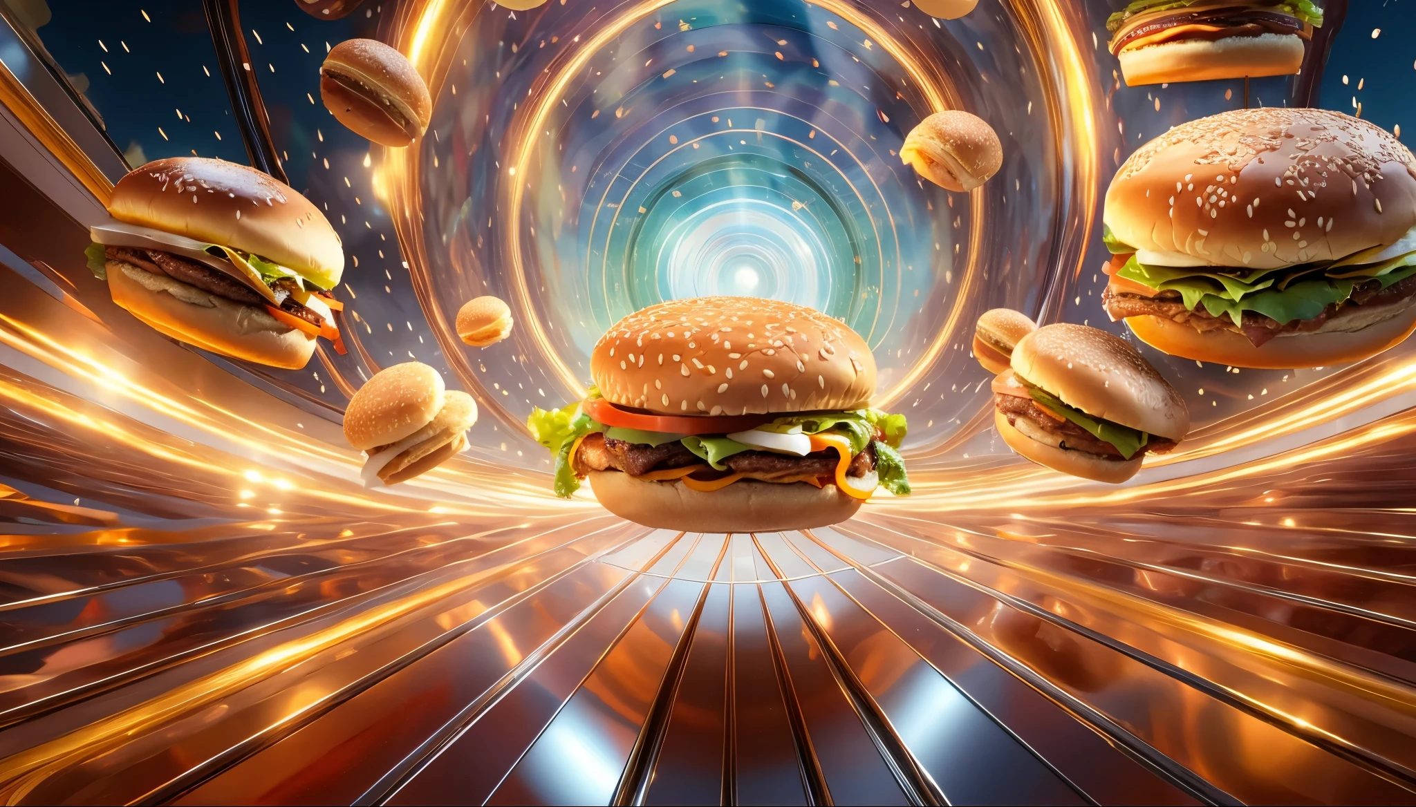 Several delicious looking hamburgers fly through the air.。ultra detailed, high quality, masterpiece