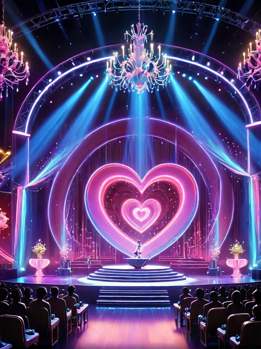 (Vision:1.5),1girl, concert,audience, (Idol stage),Neon,((舞台light)),Colorful,vase,Flowers,curtain,crystal Light,Heart shaped stage curtain and benches,Ballroom Background,Stage Background,chandelier,Anime Background Art Style Anime,Kingdom of Light Background,dazzling stage,Stadium Background,Colorful anime background,Stunning and mysterious,sh,light,Colorful,light照在地板上