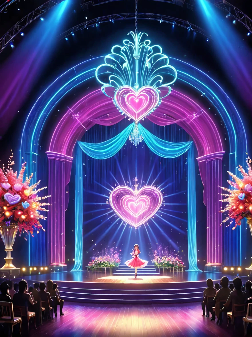 (Vision:1.5)，1girl, concert，audience, (Idol stage)，Neon，((舞台light))，Colorful，vase，Flowers，curtain，crystal Light，Heart shaped stage curtain and benches，Ballroom Background，Stage Background，chandelier，Anime Background Art Style Anime，Kingdom of Light Background，dazzling stage，Stadium Background，Colorful anime background，Stunning and mysterious，Lolish，light,Colorful，light照在地板上