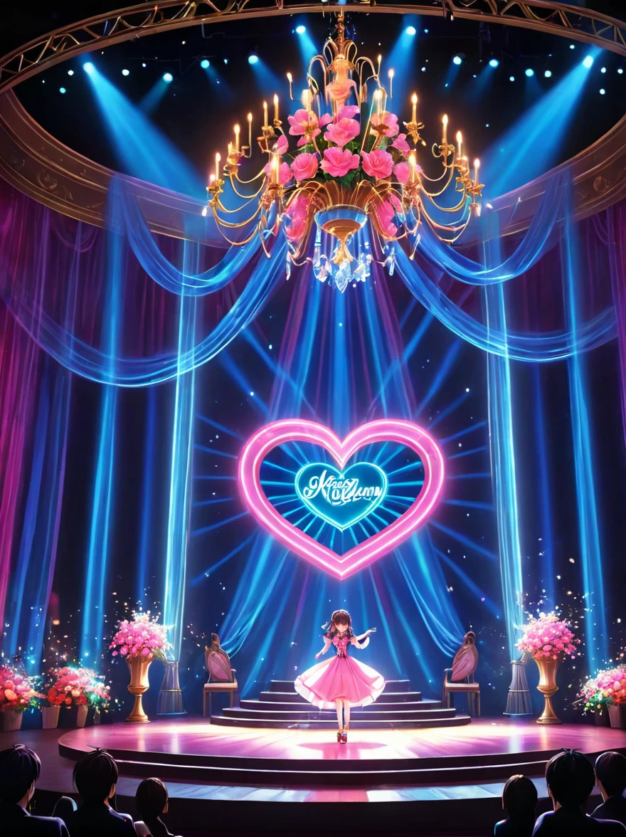 (Vision:1.5)，1girl, concert，audience, (Idol stage)，Neon，((舞台light))，Colorful，vase，Flowers，curtain，crystal Light，Heart shaped stage curtain and benches，Ballroom Background，Stage Background，chandelier，Anime Background Art Style Anime，Kingdom of Light Background，dazzling stage，Stadium Background，Colorful anime background，Stunning and mysterious，****sh，light,Colorful，light照在地板上