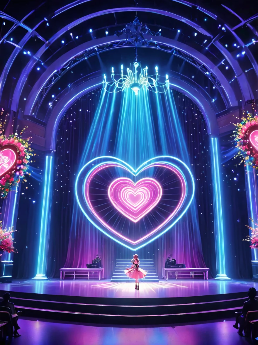 (Vision:1.5)，1girl, concert，audience, (Idol stage)，Neon，((舞台light))，Colorful，vase，Flowers，curtain，crystal Light，Heart shaped stage curtain and benches，Ballroom Background，Stage Background，chandelier，Anime Background Art Style Anime，Kingdom of Light Background，dazzling stage，Stadium Background，Colorful anime background，Stunning and mysterious，Lolish，light,Colorful，light照在地板上