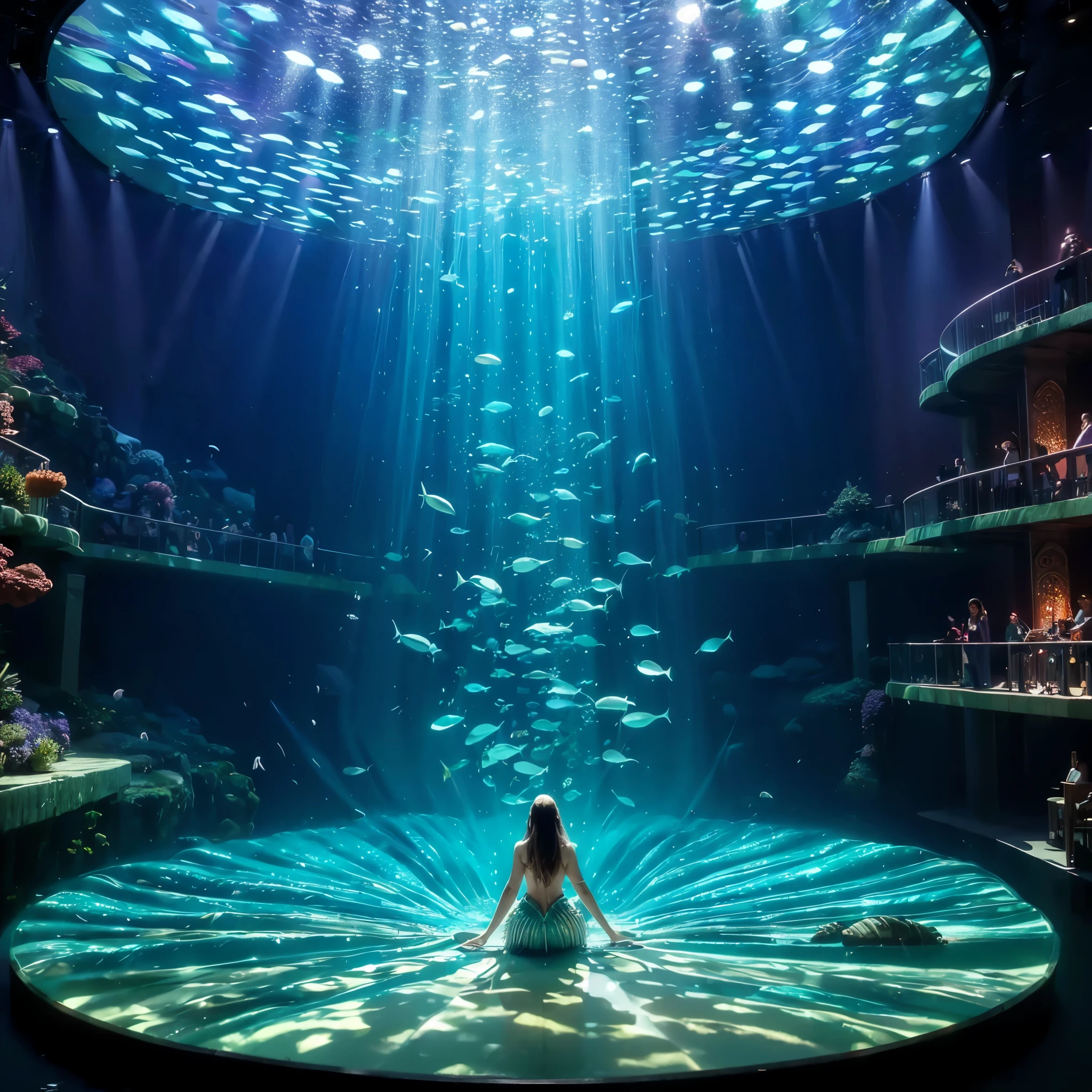 (best quality,4k,8k,highres,masterpiece:1.2),ultra-detailed,(realistic,photorealistic,photo-realistic:1.37),Mermaid idol holds concert on underwater stage,illustration,glowing stage lights,crystal clear water,giant clamshells,coral reefs,tropical fishes,seaweed,sparkling scales,beautiful detailed eyes, beautiful detailed lips, singing mermaid, mesmerizing vocals,dancing spectators, colorful costumes, magical aura, underwater amphitheater, mesmerizing performance, breathtaking scenery, lively atmosphere, enchanting melodies, sea creatures, musical symphony, crowd cheering, endless applause, magical music, ocean breeze, dreamy setting, vibrant colors, surreal experience, underwater paradise, stunning visuals