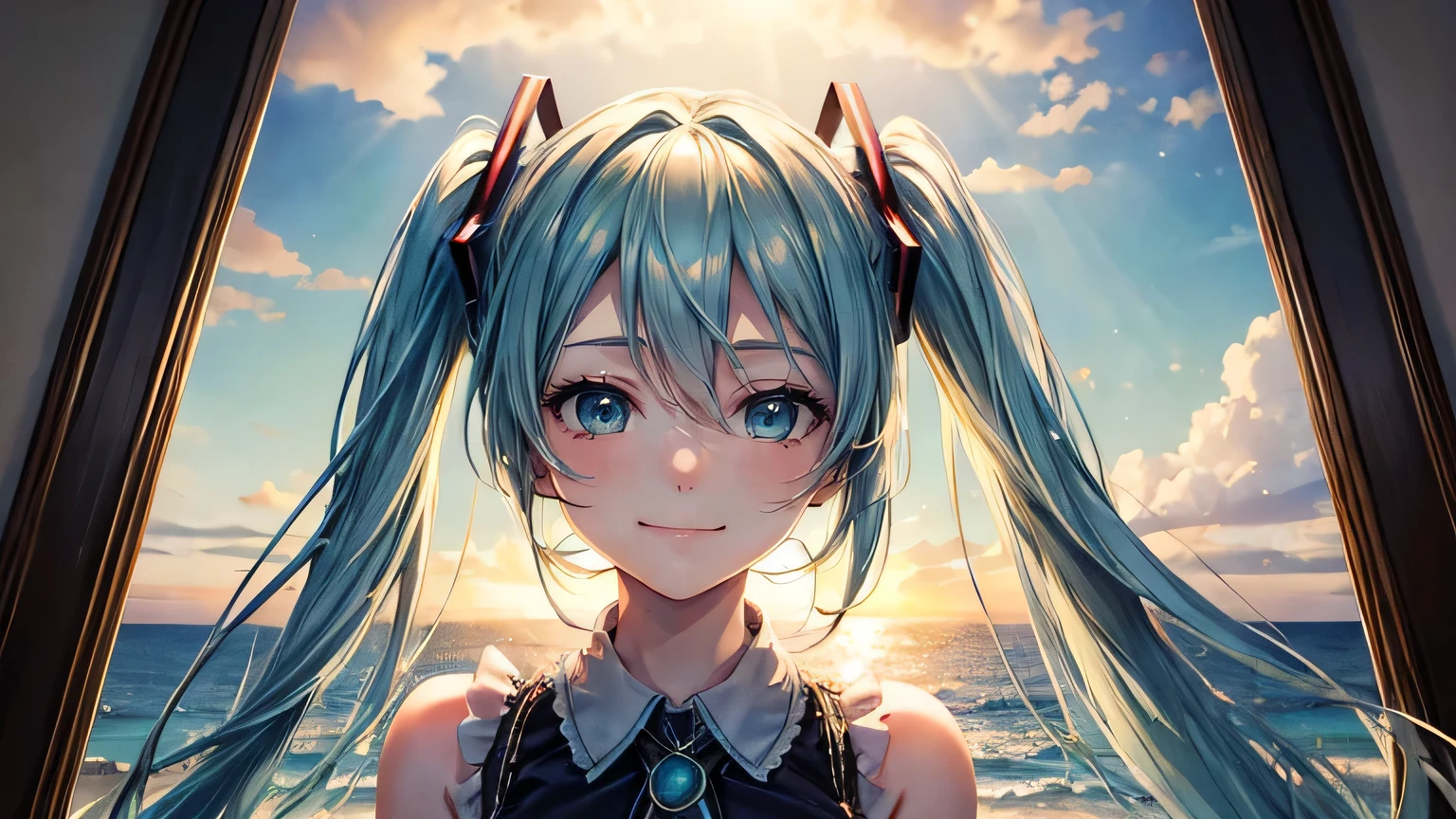 (oil, masterpiece, highest quality, Super detailed, Focus on the characters), Hatsune Miku,White dress,Sad Smile,Detailed hair depiction,([return:0.8]|[ face facing returnwards:1.1]), ,([Coastal Sunset Scenario:1.2]|[ ground:1.3]| [High Contrast:1.1])  