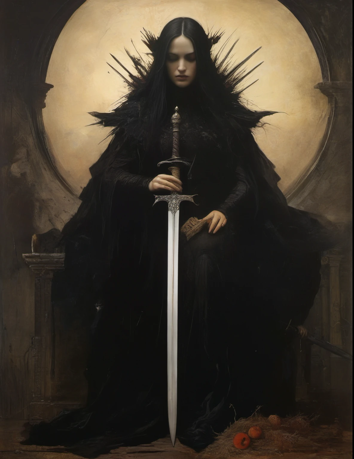 James Gurney, Surrealist art , dream-like, Mysterious, Provocative, symbolic, Complex, detailed,, (Gothic but very beautiful:1.4), (masterpiece, highest quality:1.4) , Nicola Samori Style, Queen of swords 