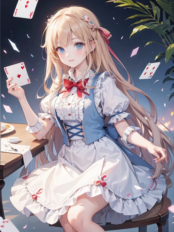 (8k, highest quality, Tabletop:1.2)、Ultra-high resolution、Alice in Wonderland,Queen of Cards, Trump&#39;s Soldiers, blue sky, garden, White roses are being painted red