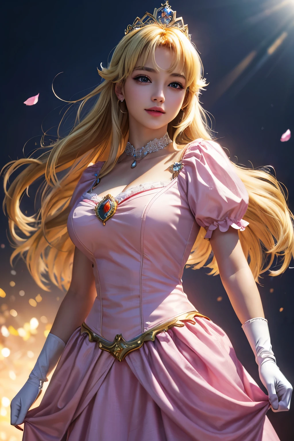 (Ultra-realistic,32k, masterpiece:1.2),(Skin with attention to detail:1.1),( high quality:1.1),  Shorthand,   pointing, pointing at viewer,  One girl,    Princess Peach, Blonde, blue eyes, smile, Long Hair, Crown, dress, gem, gloves, pink dress, puffy Short sleeve, Puffy sleeves, Short sleeve, white gloves,  Upper Body, smile,   Blooming Star, Glowing petals, Fragrance of another world Blurred background, (View your viewers, Are standing:1.1),  (Glow Wave:1.1), （8K，RAW Photos），（Best Quality），（Masterpiece Loose），（Realistic，）（写実的でRealistic），（High resolution），Hyper Detail，（Gentel Realism：1.1），Beautiful Face， （1 Female：1.1），High resolution), (8k), (Very detailed), (4K), (Pixiv), Perfect Face, Beautiful eyes and face, (最high quality), (Very detailed), Detailed face and eyes, (alone), Textured skin, Absurd, High resolution,