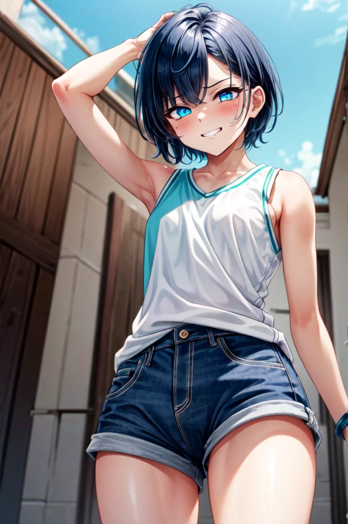 masterpiece, best quality, cowboy shot, view from below, 1girl, looking at viewer, cyan eyes, cool beauty, very short hairstyle, dark blue hair, sharp eyes, mature face, slim body, sleeveless clothes, hotpants, nervous face, nervous smirk, tomboy, wild appearance, wild style, armpit