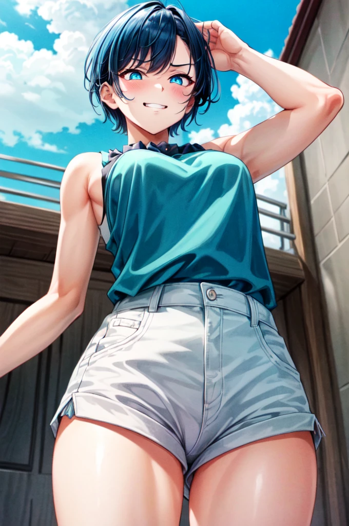 masterpiece, best quality, cowboy shot, view from below, 1girl, looking at viewer, cyan eyes, cool beauty, very short hairstyle, dark blue hair, sharp eyes, mature face, slim body, sleeveless clothes, hotpants, nervous face, nervous smirk, tomboy, wild appearance, wild style, armpit