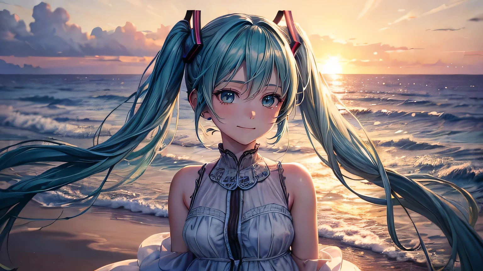 (oil, masterpiece, highest quality, Super detailed, Focus on the characters), Hatsune Miku,White dress,Sad Smile,Detailed hair depiction,([return:0.8]|[ face facing returnwards:1.1]), ,([Coastal Sunset Scenario:1.2]|[ ground:1.3]| [High Contrast:1.1])  