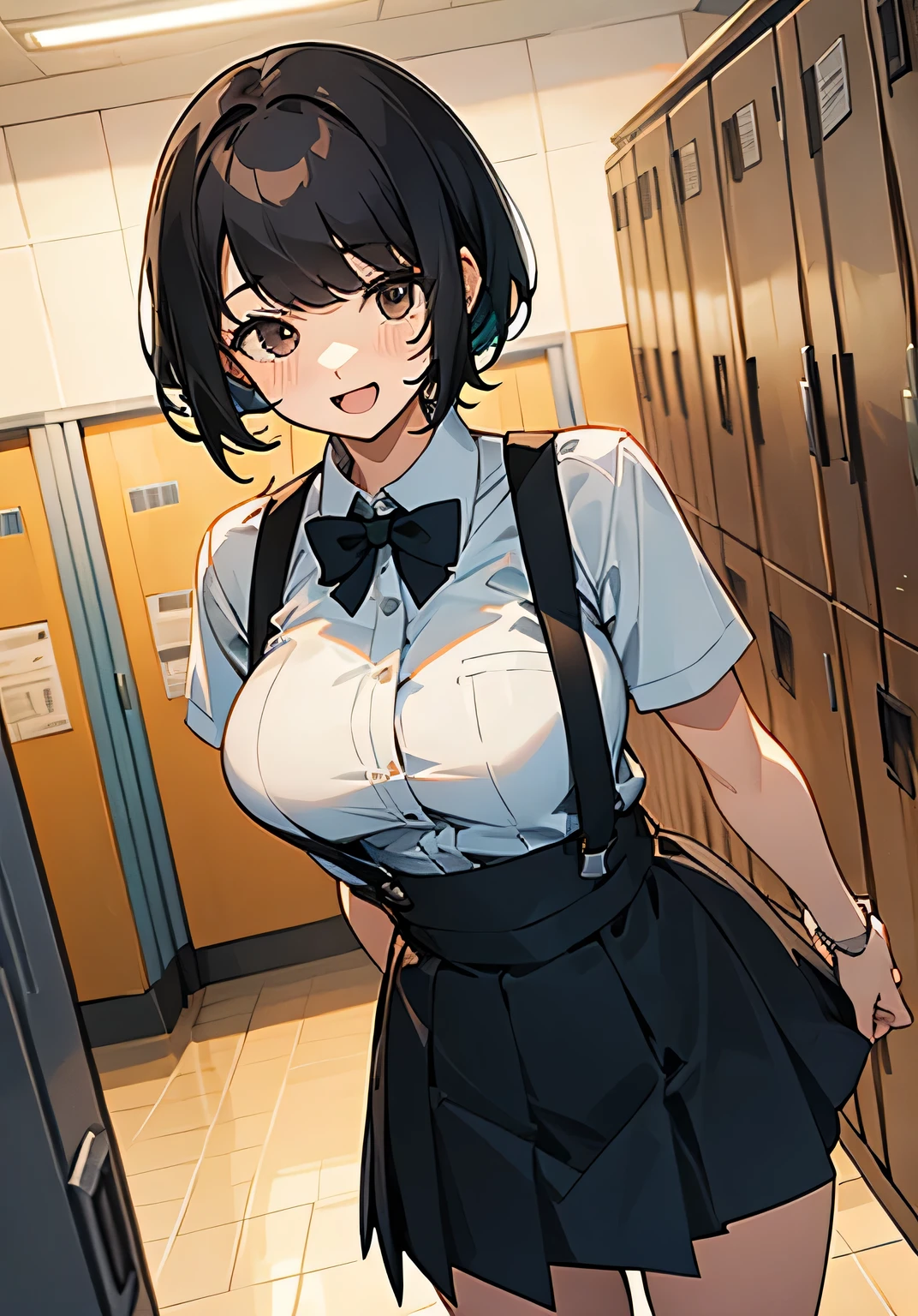 {best quality},locker room、Female college student、Short black hair、bangs、Large beautiful breasts、Restaurant staff clothing、suspenders、short-skirt、Smiling with embarrassment、open-mouth、standing、cowboy shot、High angle