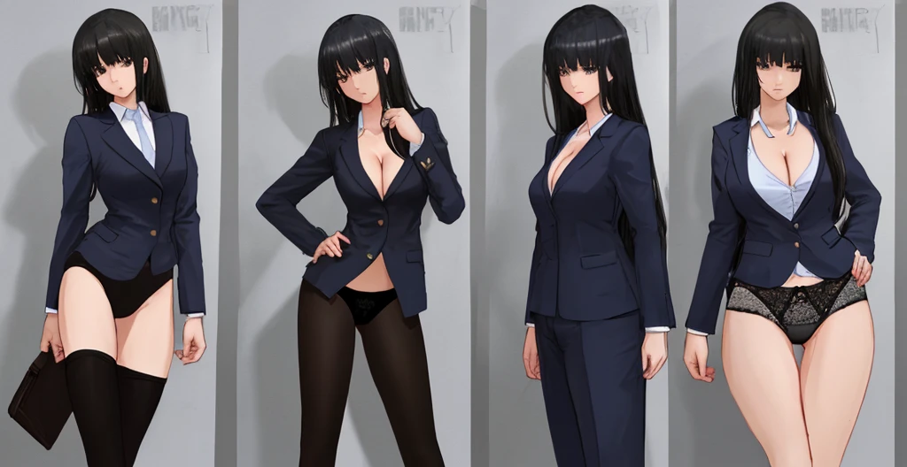 Black long-haired beauty with cleavage, suit, shirt, panties and tights