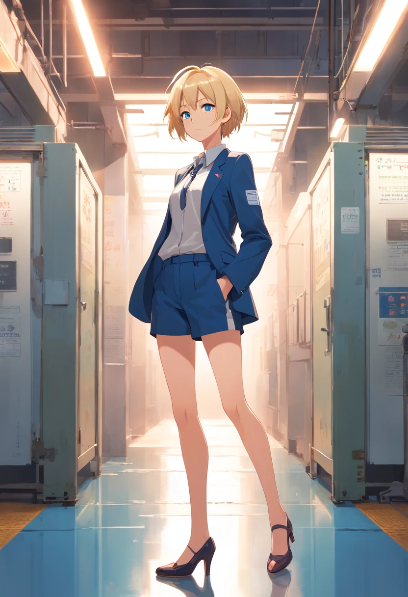 17 years old Women, ((Blonde)), ((Blue eyes)), ((Short hair)), ((Full shot)), very detailed makeup, pale pink lipstick, long earrings, bare shoulders, She is dressed in a tailored suit, black jacket, blue shorts and white blouse, no tie, ((high heels)), in the hallway of a steel factory. She is standing still with her arms crossed and one leg stretched out to the side.