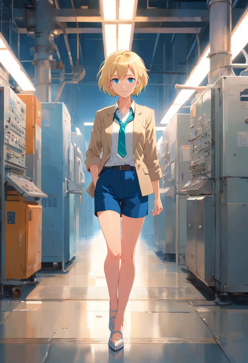 Women, ((Blonde)), ((Blue eyes)), ((Short hair)), ((Full shot)), very detailed makeup, pale pink lipstick, long earrings, bare shoulders, She is dressed in a tailored suit, black jacket, blue shorts and white blouse, no tie, ((high heels)), in the hallway of a steel factory. She is standing still with her arms crossed and one leg stretched out to the side.