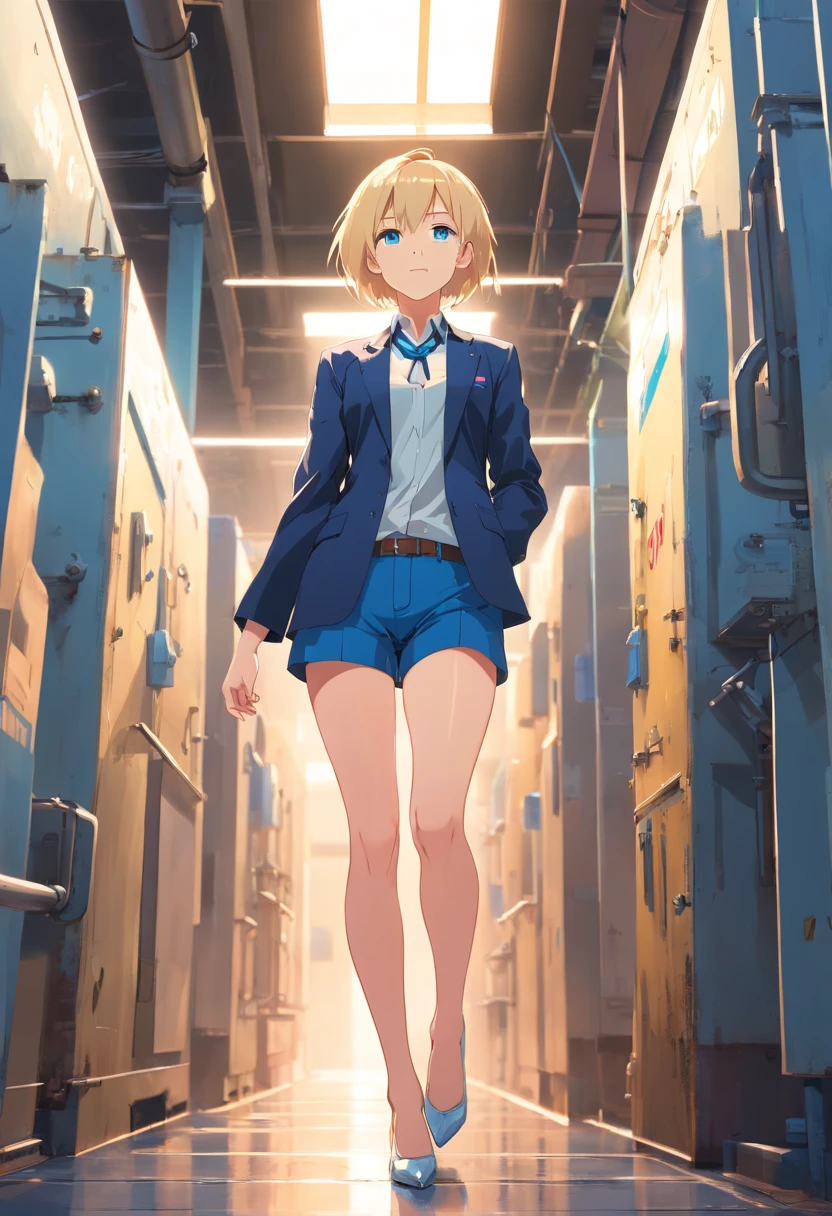 17 years old Women, ((Blonde)), ((Blue eyes)), ((Short hair)), ((Full shot)), very detailed makeup, pale pink lipstick, long earrings, bare shoulders, She is dressed in a tailored suit, black jacket, blue shorts and white blouse, no tie, ((high heels)), in the hallway of a steel factory.  She is standing still with her arms crossed and one leg stretched out to the side.