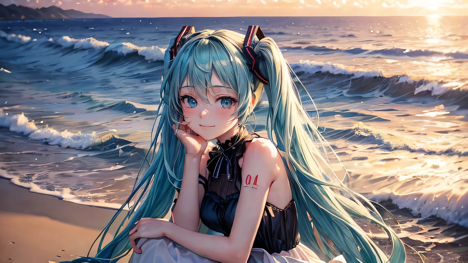 (oil, masterpiece, highest quality, Super detailed, Focus on the characters), Hatsune Miku,White dress,Sad Smile,Detailed hair depiction,([return:0.8]|[ face facing returnwards:1.1]), ,([Coastal Sunset Scenario:1.2]|[ ground:1.3]| [High Contrast:1.1])  