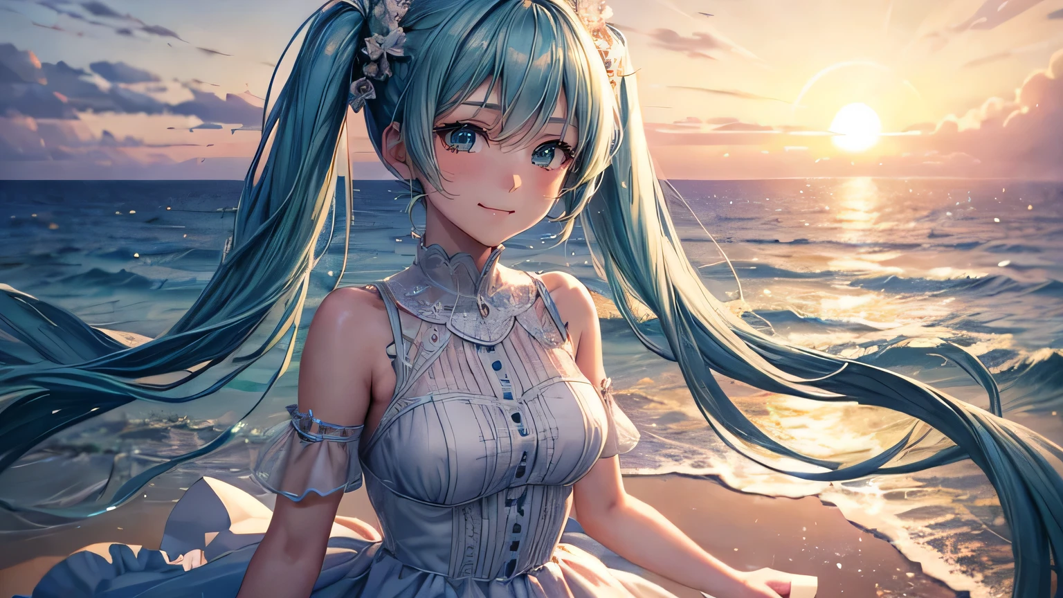 (oil, masterpiece, highest quality, Super detailed, Focus on the characters), Hatsune Miku,White dress,Sad Smile,Detailed hair depiction,([return:0.8]|[ face facing returnwards:1.1]), ,([Coastal Sunset Scenario:1.2]|[ ground:1.3]| [High Contrast:1.1])  