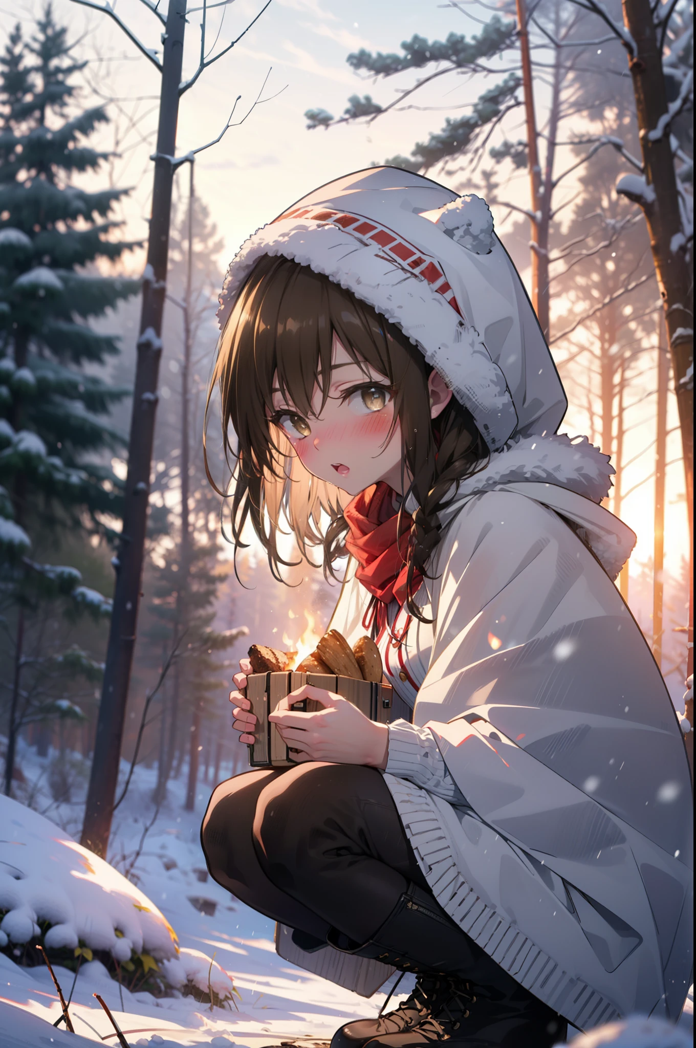 yuikotegawa, Yui Kotegawa, Black Hair, (Brown eyes:1.5),blush,White Breath,
Open your mouth,snow,Ground bonfire, Outdoor, boots, snowing, From the side, wood, suitcase, Cape, Blurred, having meal, forest, White handbag, nature, Squat, Mouth closed, Cape, winter, Written boundary depth, Black shoes, red Cape break looking at viewer, Upper Body, whole body, break Outdoor, forest, nature, break (masterpiece:1.2), highest quality, High resolution, unity 8k wallpaper, (shape:0.8), (Beautiful and beautiful eyes:1.6), Highly detailed face, Perfect lighting, Extremely detailed CG, (Perfect hands, Perfect ???????),