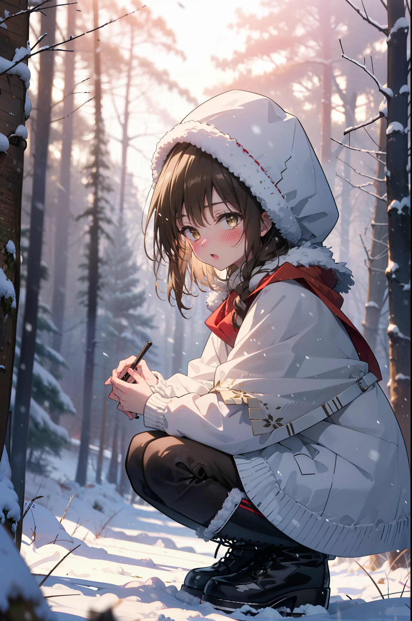yuikotegawa, Yui Kotegawa, Black Hair, (Brown eyes:1.5),blush,White Breath,
Open your mouth,snow,Ground bonfire, Outdoor, boots, snowing, From the side, wood, suitcase, Cape, Blurred, having meal, forest, White handbag, nature,  Squat, Mouth closed, Cape, winter, Written boundary depth, Black shoes, red Cape break looking at viewer, Upper Body, whole body, break Outdoor, forest, nature, break (masterpiece:1.2), highest quality, High resolution, unity 8k wallpaper, (shape:0.8), (Beautiful and beautiful eyes:1.6), Highly detailed face, Perfect lighting, Extremely detailed CG, (Perfect hands, Perfect Anatomy),