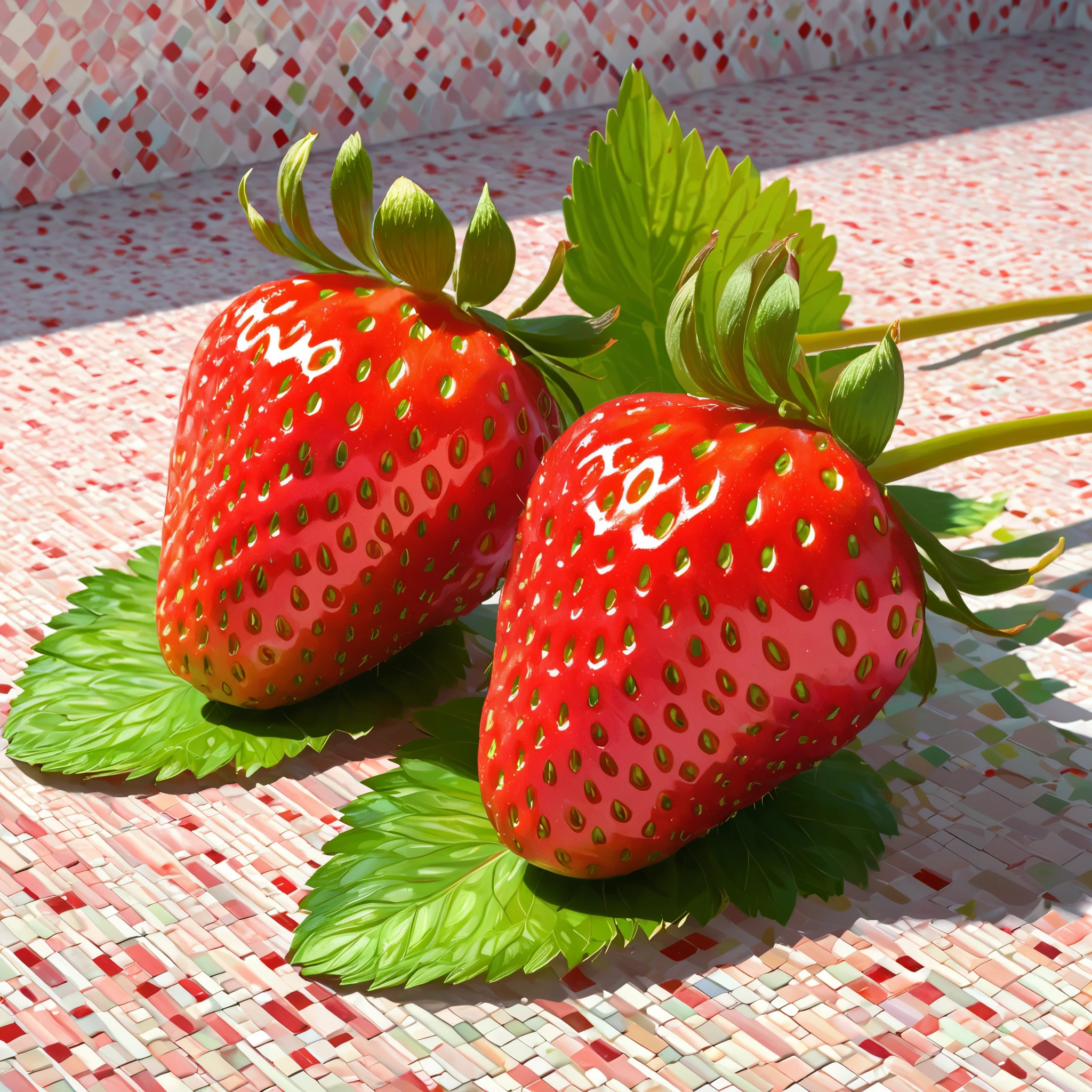 Two strawberries, with the shadows of mosaic tiles on them, in an illustration style, with a light background and a flat composition. The strawberries have green leaves at their ends, with red skin covered in small colored dots. They rest together on a white surface, creating a vibrant contrast between shades of pink and red. This artwork is created using digital painting techniques to highlight intricate details and textures., focus stacking, realistic still life paintings, bright color blocks, colorful color palettes, lively brushstrokes,