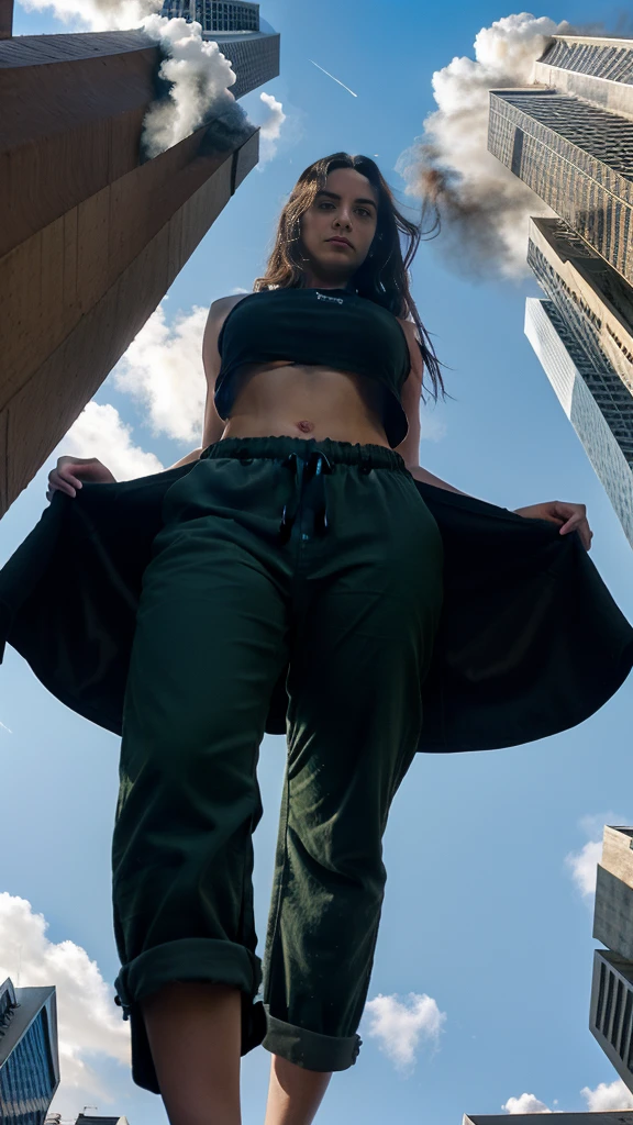 "A towering Giantess in a cool and laid-back hippie style is rocking a crop top and baggy pants. Her toned and athletic build hints at her massive strength. She seems to be casually strolling through the bustling cityscape of GTS City, as towering buildings loom overhead. Smoke and clouds roil around her, adding to the sense of epic scale and drama. The lighting is dark, gloomy, and realistic, creating a tense and ominous atmosphere. The perspective is from below, emphasizing the sheer majesty and power of the Giantess."