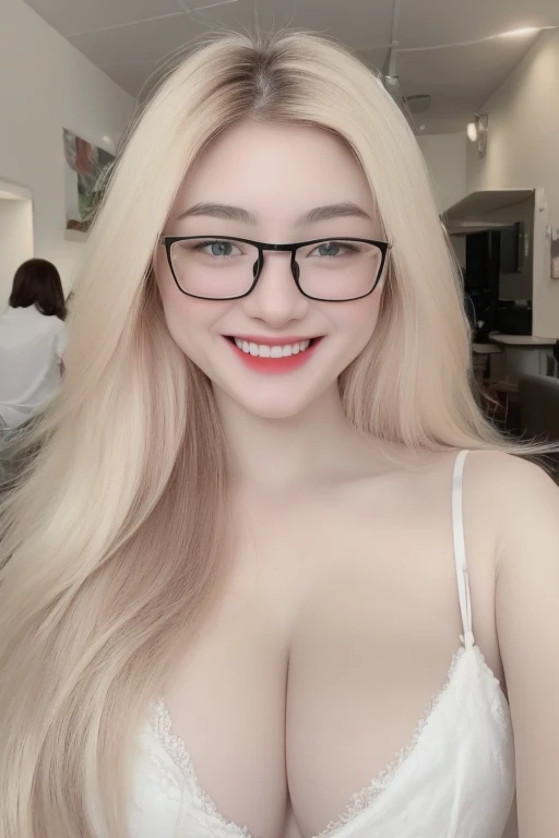 (realistic、masterpiece、Best Quality、8K、highres、white background, high resolution:1.3)、1 chubby girl:1.3)、smile, looking at viewers, black lace bikini、pale white skin、very blond hair ,very pale skin, extremely pale blonde hair, ivory pale skin, very white skin, pale skin, very pale white skin, very pale white skin,white skin and pale porcelain, white and pale skin, fair and pale skin!!, long blonde hair, looking at viewers、super fine face and eyes、long blonde hair、 ((full breasts:1.3)), indoor、 upper body、