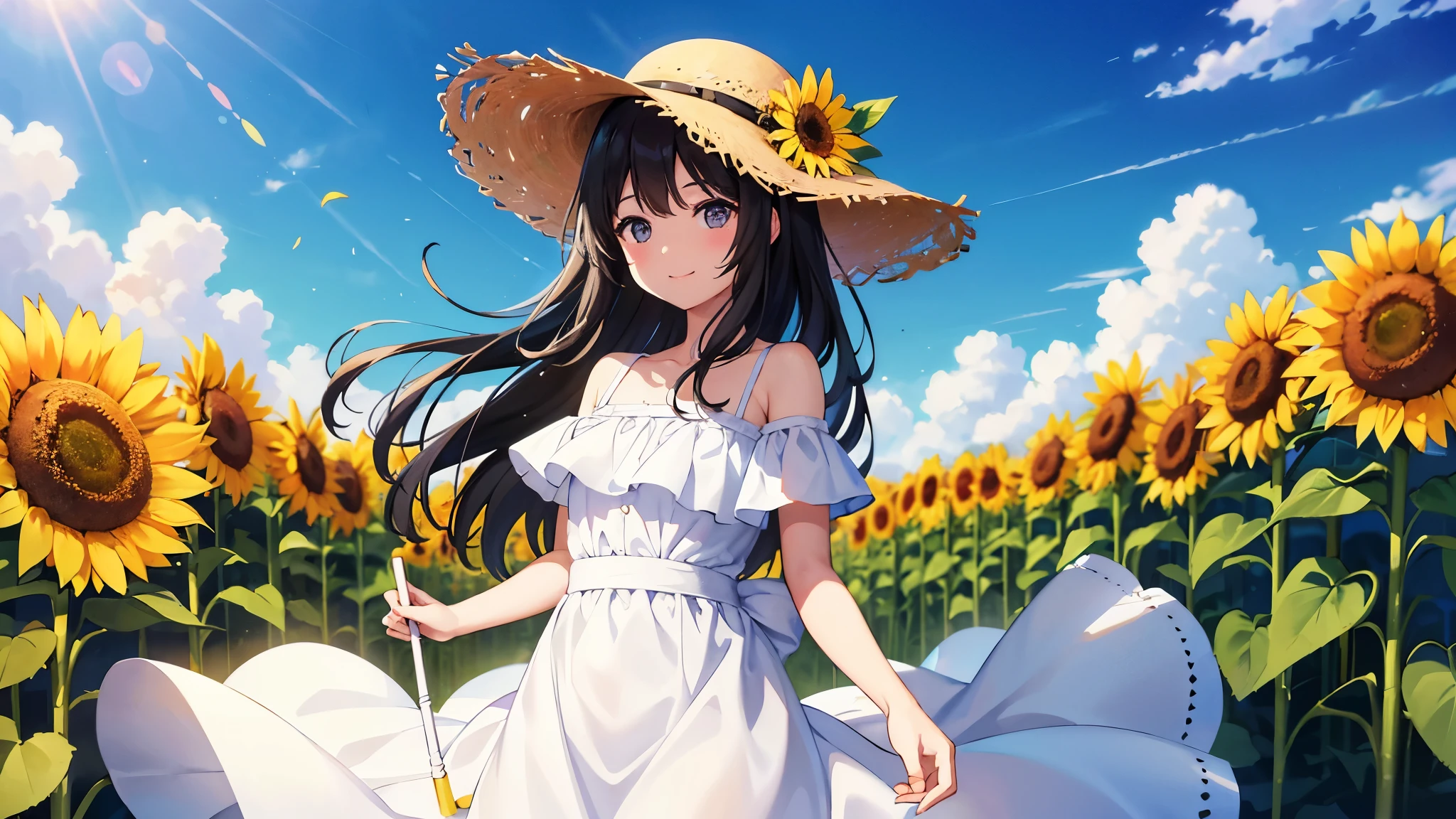 Sunny day in a sunflower field、A black-haired girl wearing a white dress and a straw hat fluttering in the wind、Smiling brightly。There are small clouds in the sky、The background is a blue sky and lush sunflowers.。The illustrations are bright、Has a lively atmosphere。