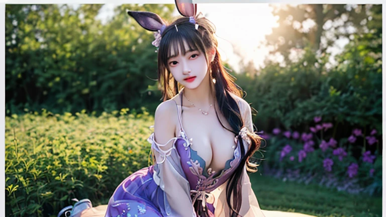 (masterpiece, best quality, 8k RAW photos, Reality:1.37), 1 Girl, whole body,  A faint smile, Long hair, Purple hair, Full chest, ,Purple translucent dress, Rabbit Ear Straps, The pose is attractive,, In the Garden, Sit in front of a tree, Dynamic Lighting,, meticulous, meticulous入微