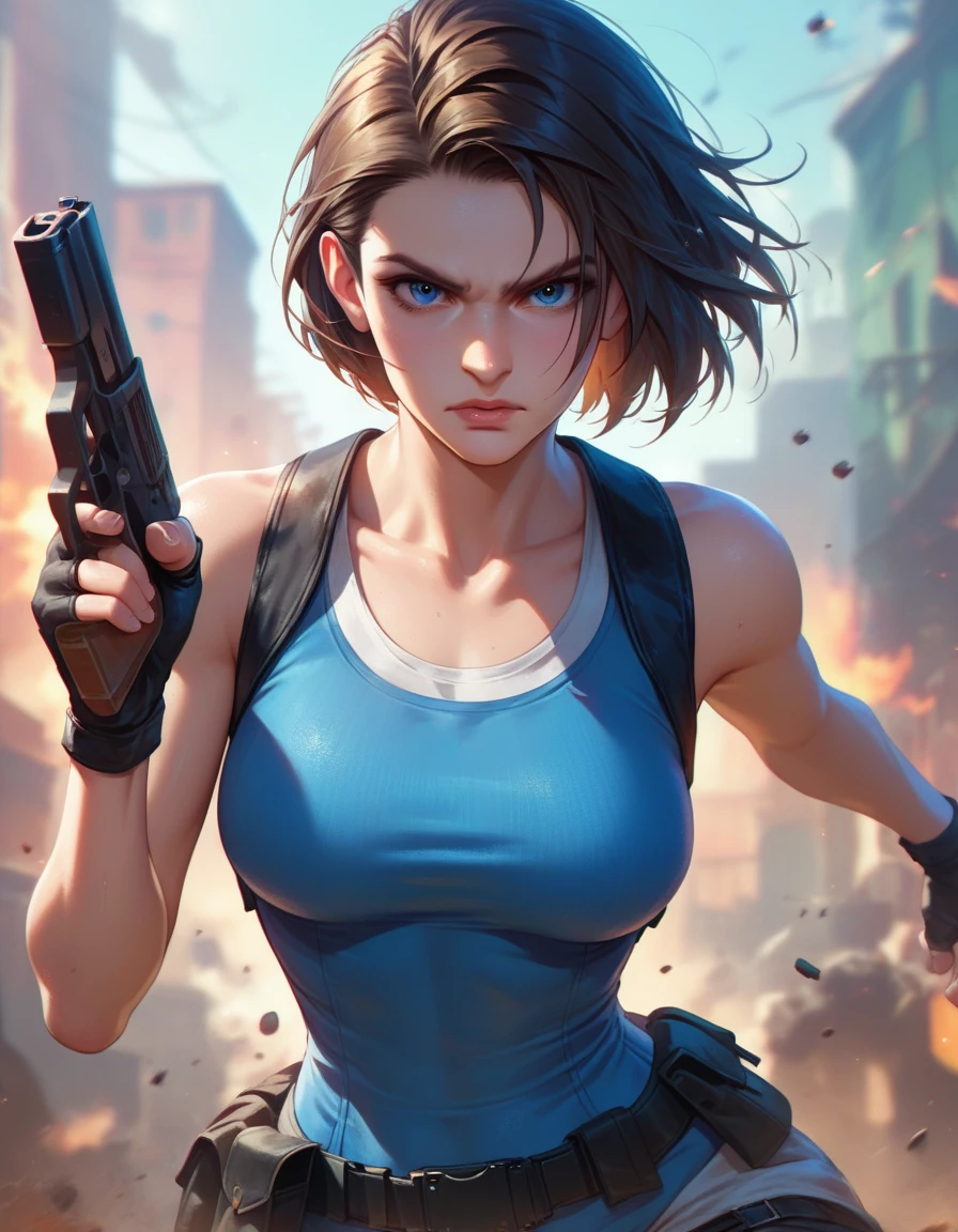 score_9, score_8_up, score_7_up, Jill Valentine from Resident Evil, looking at viewer, action pose, cowboy shot