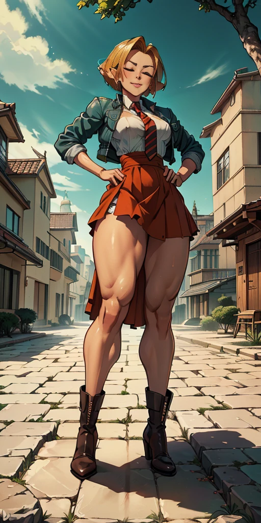 (Full body, view from below, cowboy shot, looking at viewer, masterpiece, best quality, ultra detailed, immaculate:1.2) Android 18 from DBZ, 30 y.o. woman, red eyes, short BLONDE hair, posing for photo, seductive smile, grey jacket, red necktie, green skirt, Sakura tree, building, (pinched eyes) (closed mouth) (hands on hips)