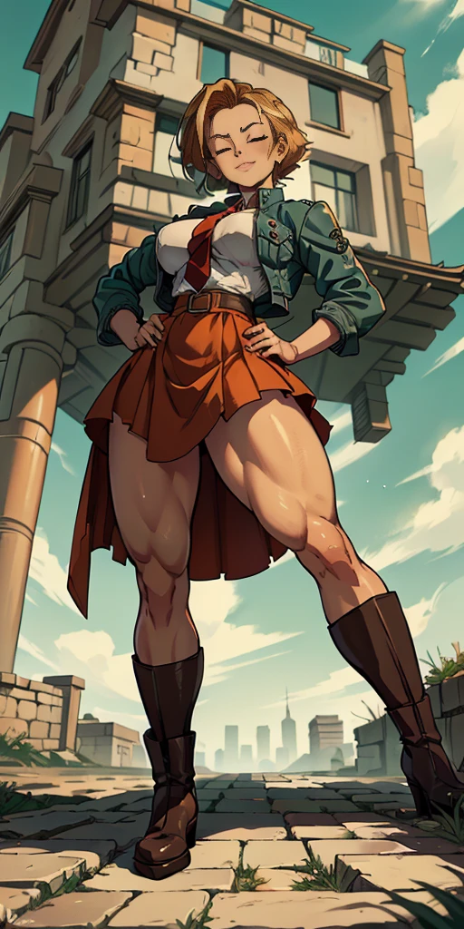 (Full body, view from below, cowboy shot, looking at viewer, masterpiece, best quality, ultra detailed, immaculate:1.2) Android 18 from DBZ, 30 y.o. woman, red eyes, short BLONDE hair, posing for photo, seductive smile, grey jacket, red necktie, green skirt, Sakura tree, building, (pinched eyes) (closed mouth) (hands on hips)