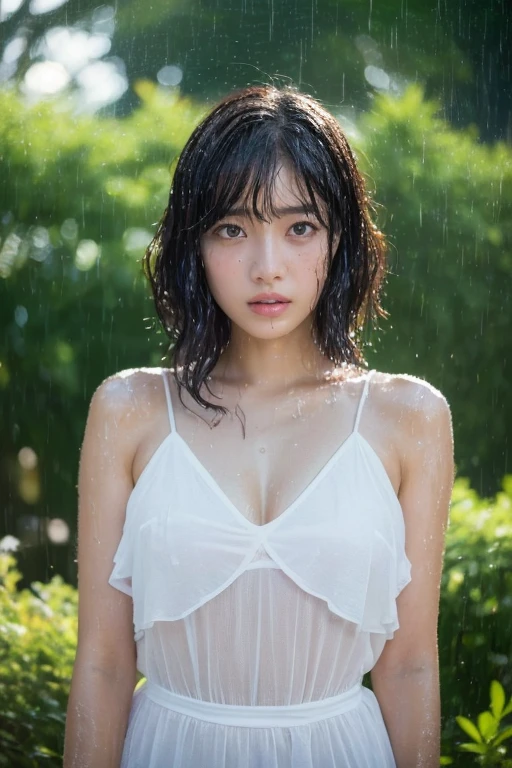 (top-quality、4K、​masterpiece:1.3)、Beautuful Women、1 female、(breastsout、Attractive body:1.2)、abdominals:1.1、dark brown hair:1.1、(rainy wet、Wet in the rain、Wet body:1.2)、Ultra-detailed face、Detailed lips、A detailed eye、double eyelid　With short hair, Shiori Teshirogi, Kotegawa Yui, hime-cut, She is , sui ishida with black hair, lain iwakura, girl cute-fine-face, Clear pubic contours,(Small breasts), hight resolution, ighly detailed, top-quality, [​masterpiece:1.6],, ighly detailed, nffsw, finely detail, top-quality, , Cinematographic lighting, 1girl in、17 age、Cute Girls、perfect body type、, Cute droopy eyes、Beautiful big eyes、ultra-detailliert、hight resolution、Transcendent beauty　top-quality、​masterpiece、majicMIX Real、(Raw photography:1.2)、(Photorealsitic:1.4)、