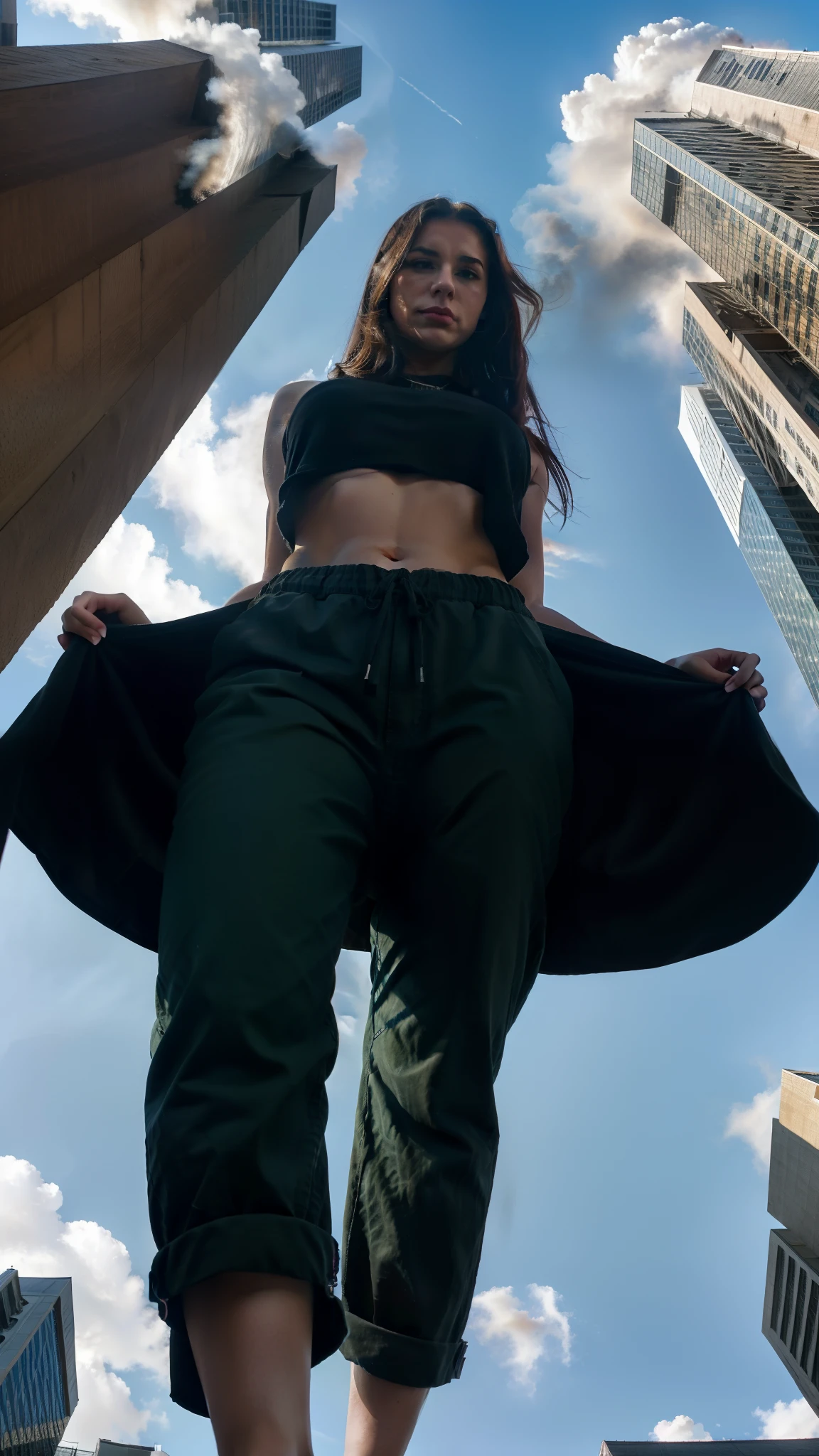 "A towering Giantess in a cool and laid-back hippie style is rocking a crop top and baggy pants. Her toned and athletic build hints at her massive strength. She seems to be casually strolling through the bustling cityscape of GTS City, as towering buildings loom overhead. Smoke and clouds roil around her, adding to the sense of epic scale and drama. The lighting is dark, gloomy, and realistic, creating a tense and ominous atmosphere. The perspective is from below, emphasizing the sheer majesty and power of the Giantess."