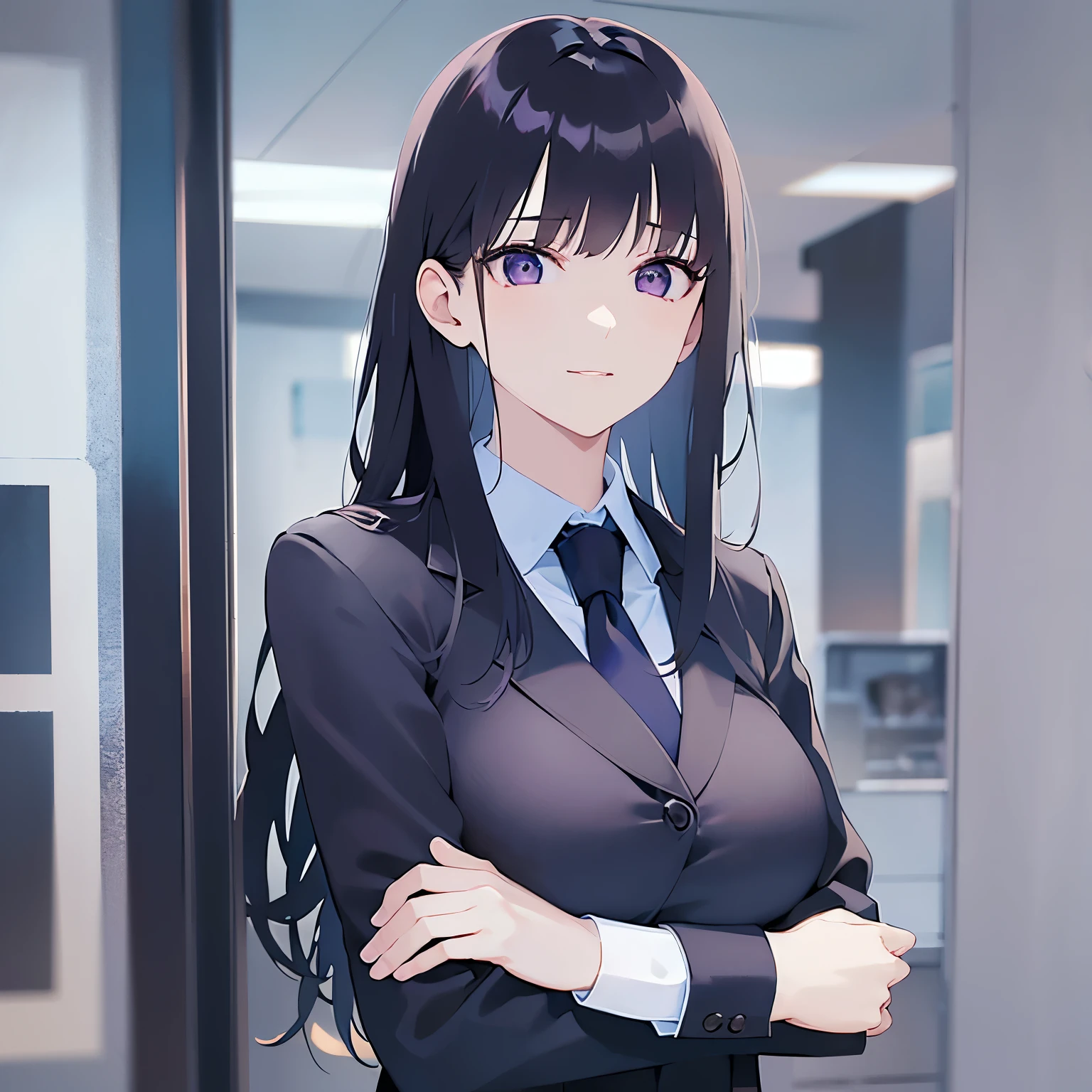 side angle, (looking away:1.5), Upper Body, Realistic, real person, (pale skin: 1.2), RAW photo, photorealistic, shiny skin, shiny hair、(Bangs)25 year old woman with straight hair) and (medium hair) and (black hair) and (purple eyes) , (business suit:1.5), smile, Background is an office room、Alone、Are standing