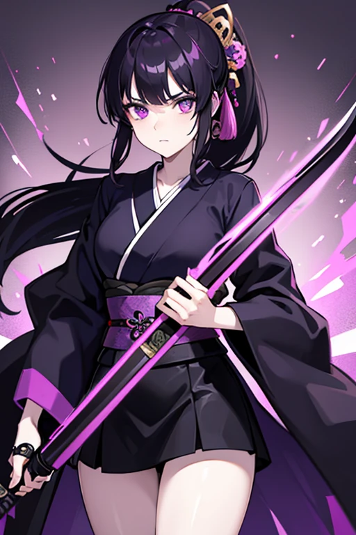 Girl, pale skin, violet eyes, black medium hair, messy ponytail, black and violet kimono, holding wooden samurai sword