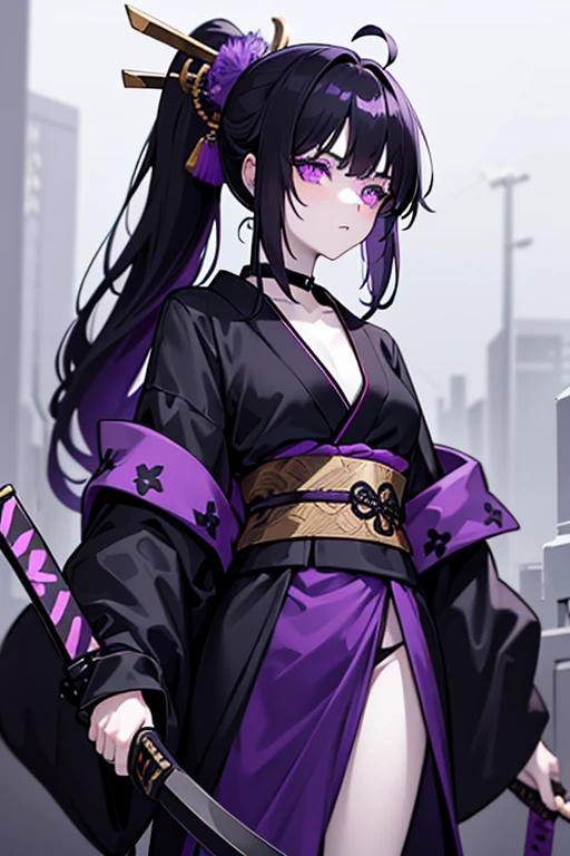 Girl, pale skin, violet eyes, black medium hair, messy ponytail, black and violet kimono, holding wooden samurai sword