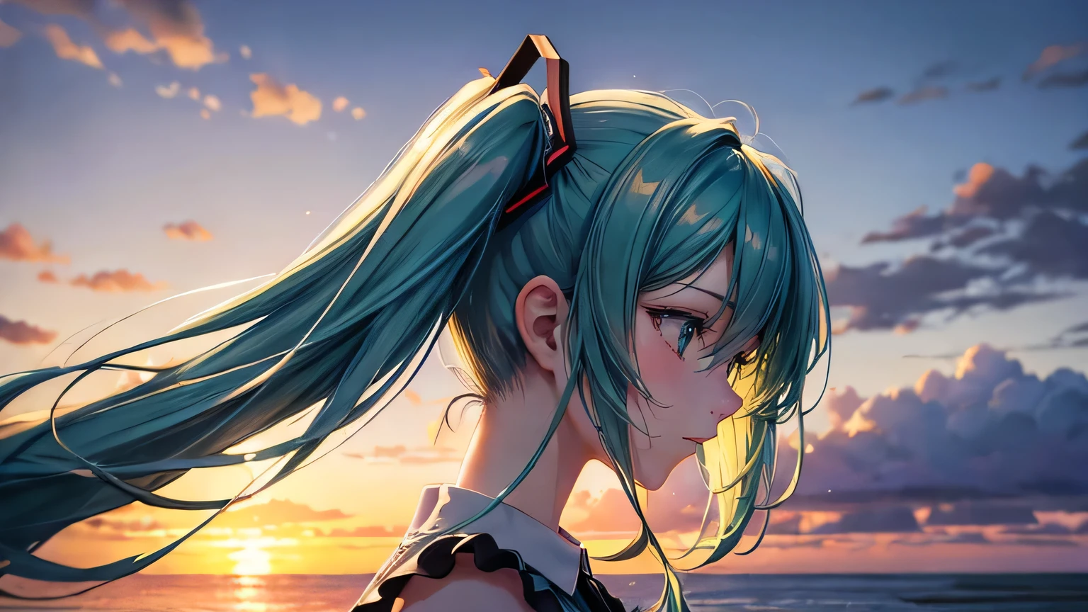 (oil, masterpiece, highest quality, Super detailed, Focus on the characters), Hatsune Miku,White dress,Sad profile,Detailed hair depiction,([return:0.8]|[ face facing returnwards:1.1]), ,([Coastal Sunset Scenario:1.2]|[ ground:1.3]| [High Contrast:1.1])  