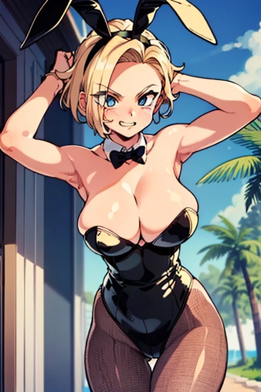masterpiece:1.2, best quality:1.5, highly detailed, depth of field, cinematic lighting, intricate, 8k wallpaper, cg, intricate detailed eyes, glowing eyes:1.1, colorful eyes, best eyes, sharp eyes, sharp focus, 2girls:1.3, ((large breasts, very thin waist:1.4, wide hips:1.2, thick thighs:1.2, fit:1.2, glossy lips:1.2, collarbone:1.5, clavicle:1.5, nice hands, best hands, best anatomy)), ((bunny leotard:1.2, black leather leotard:1.3, high cut leotard:1.1, hip window:1.4, strapless:1.4, cleavage:1.2, bursting breasts:1.3, red bowtie collar:1.1, black fishnet pantyhose:1.3, black bunny ear hairband:1.4)), ((outdoors;1.2, noon lighting, white beach house scenery:1.4, palm trees:1.3)), android 18 (dragon ball z), ((short blonde hair, blunt ends:1.1)), ((expressive face, large eyes:1.2, blue eyes:1.2, smiling:1.2, clenched teeth:1.1, 😁:1.2)), ((standing:1.2, legs spread:1.4, body bent to side:1.3, hip sway:1.4, one hand raised:1.2, one armpit:1.2)), android18_dbz