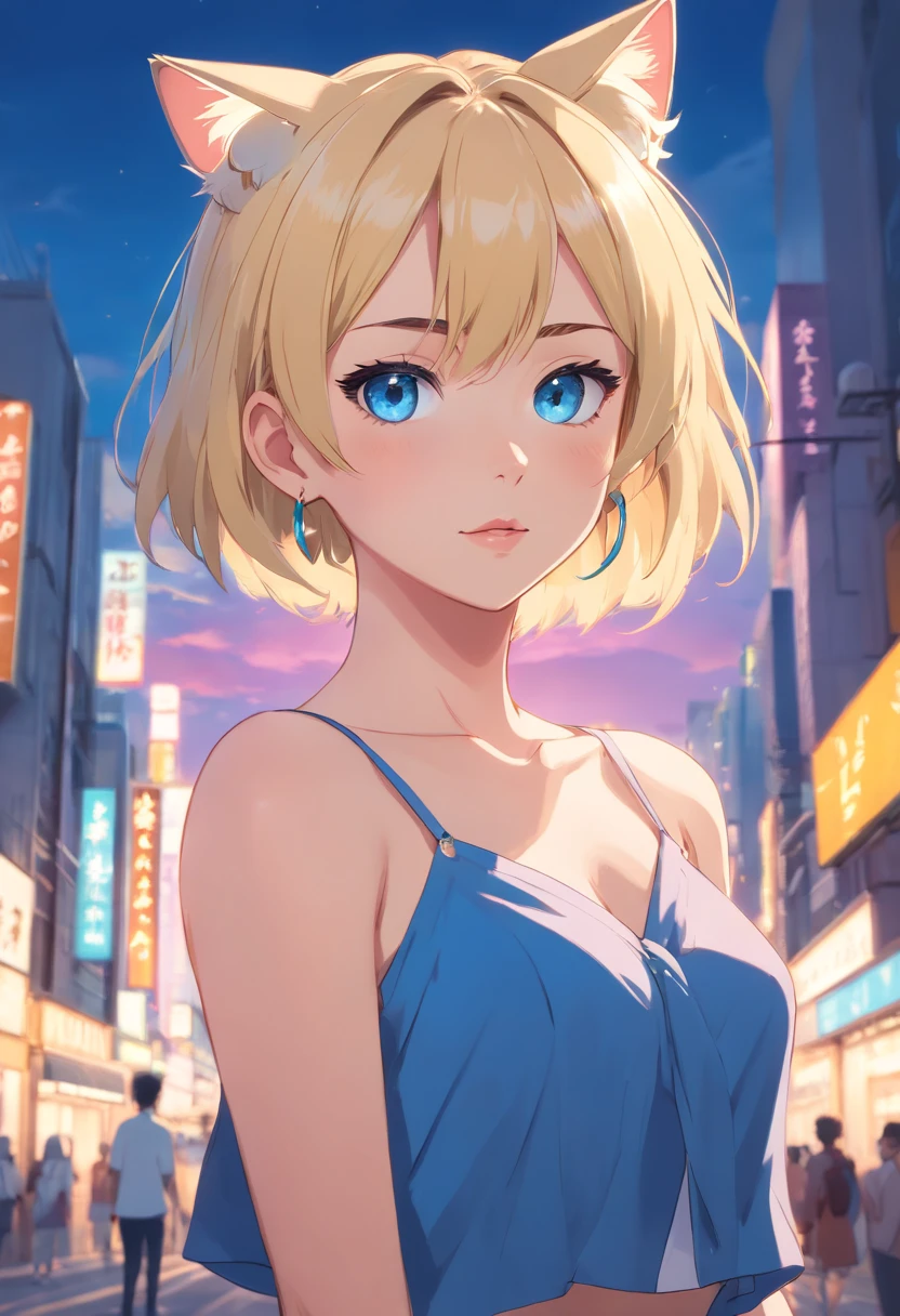 17 years old Women, ((Blonde)), ((Blue eyes)), ((Short hair)), ((Full shot)), very detailed makeup, pale pink lipstick, long earrings, bare shoulders, dressed like a tigercat with cat ears