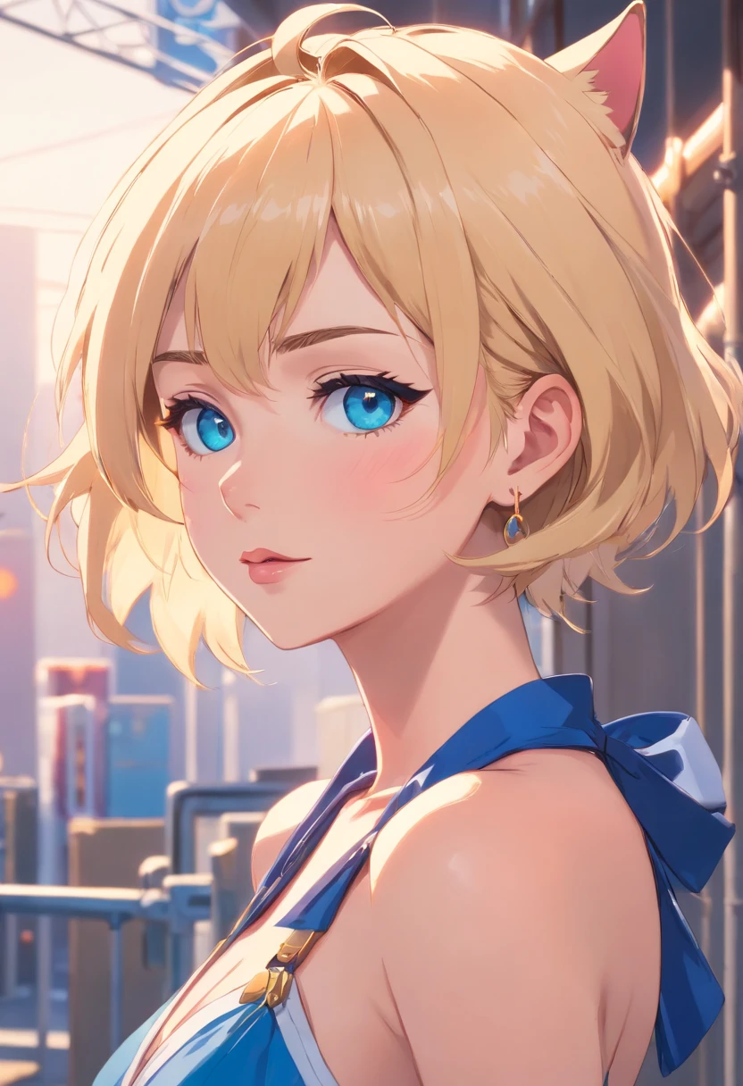 17 years old Women, ((Blonde)), ((Blue eyes)), ((Short hair)), ((Full shot)), very detailed makeup, pale pink lipstick, long earrings, bare shoulders, dressed like a tigercat with cat ears