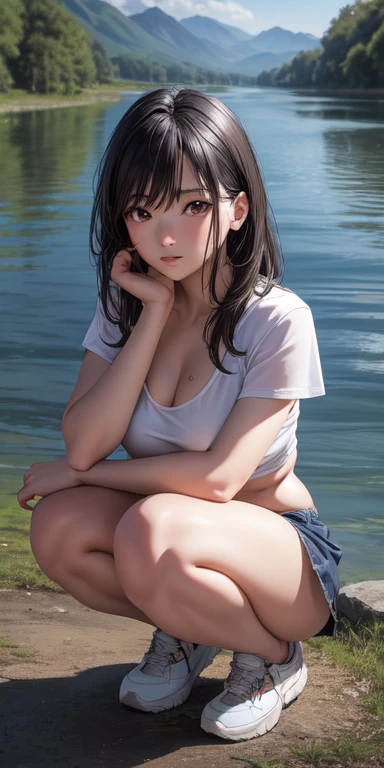 realistic, 1girl, black hair, brown eyes, squatting by the river without clothes, rural natural scenery,